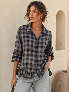 STANDARD GRACE Oversized Lyocell Plaid Ruffle Hem Button Front Blouse Boho
